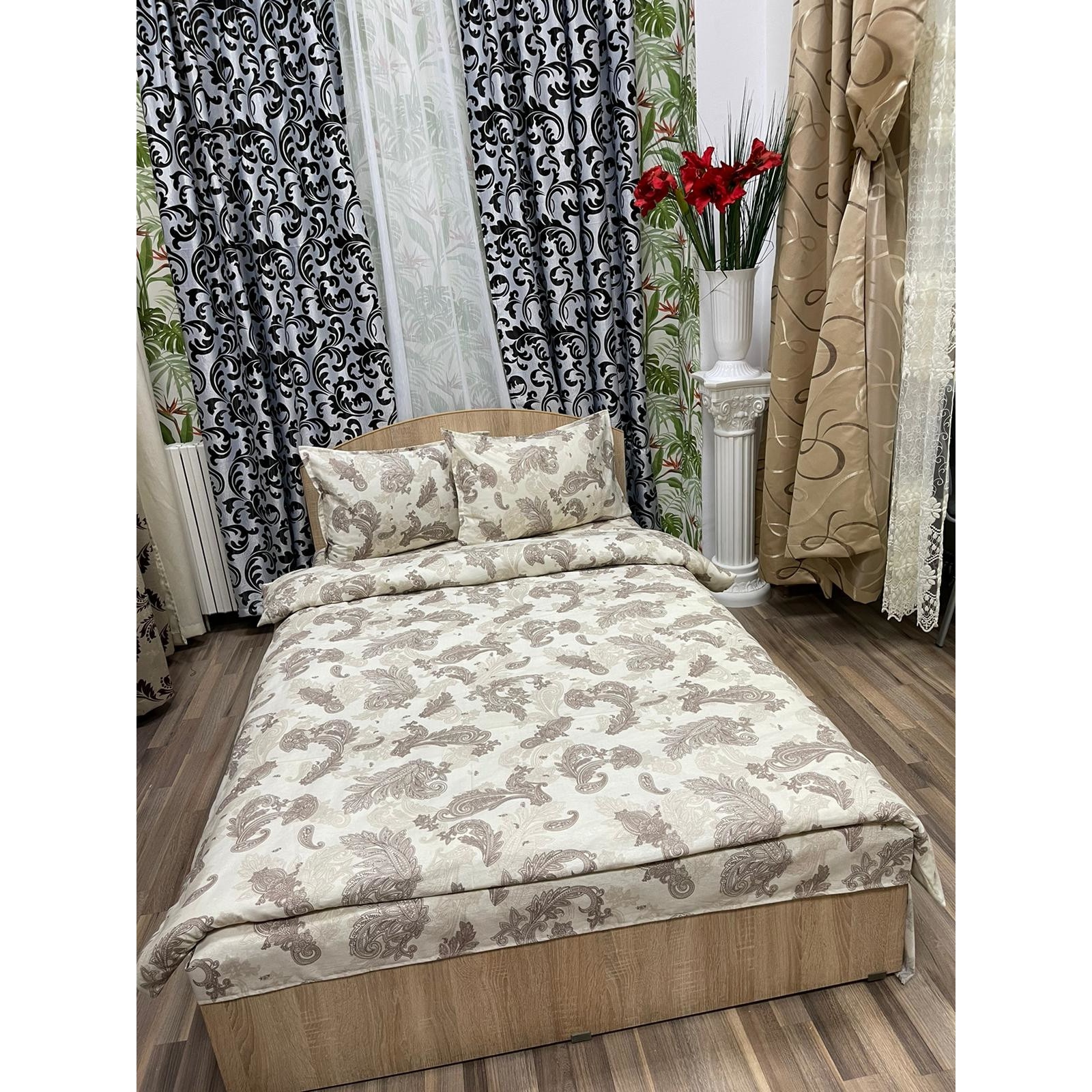 Lenjerie pat mediu, ivoire/bej, pentru saltea intre 140-160cm, 