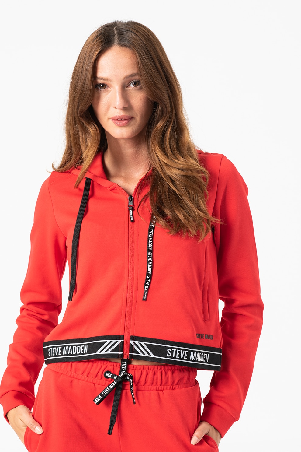 Steve Madden, Hanorac crop cu fermoar si banda logo in talie, Rosu/Negru/Alb