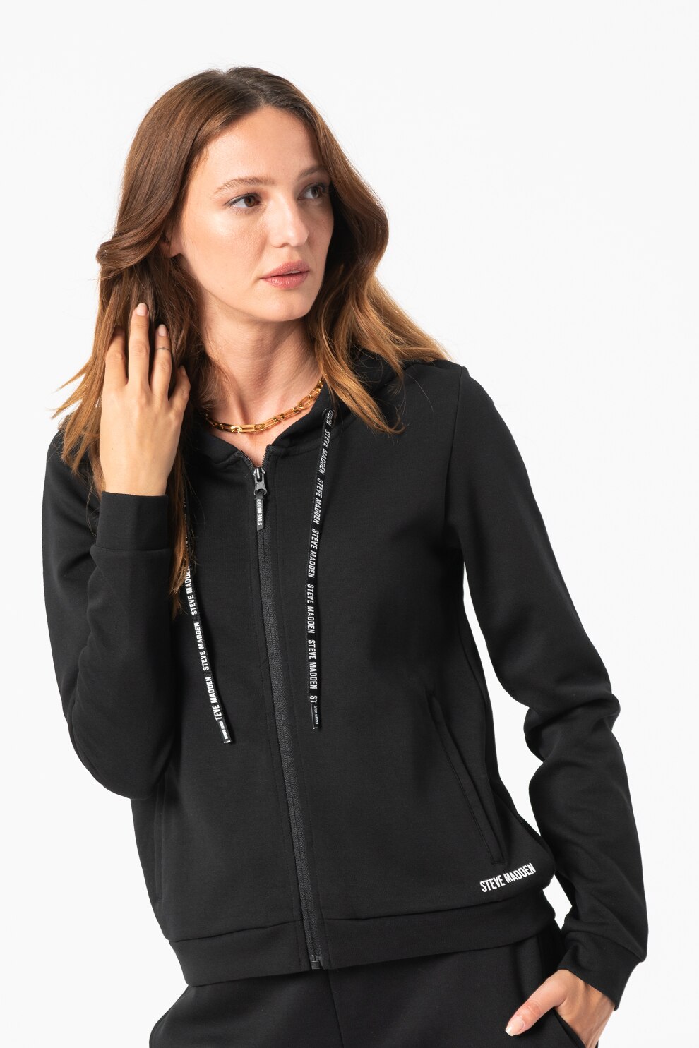 Steve Madden, Hanorac cu fermoar si logo Ihoody, Negru/Alb