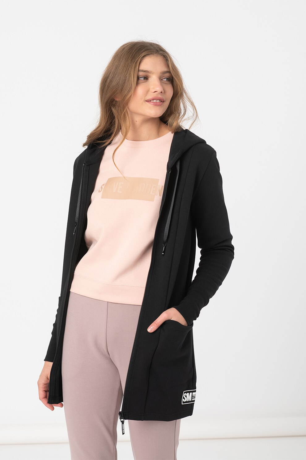 Steve Madden, Hanorac lejer cu fermoar si snur, Negru