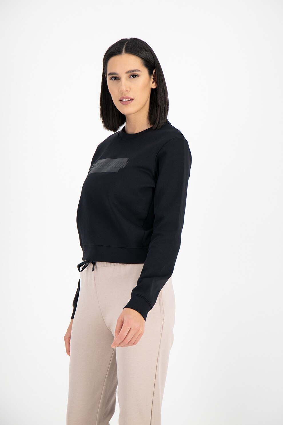 Steve Madden, Bluza sport cu decolteu rotund si logo, Negru