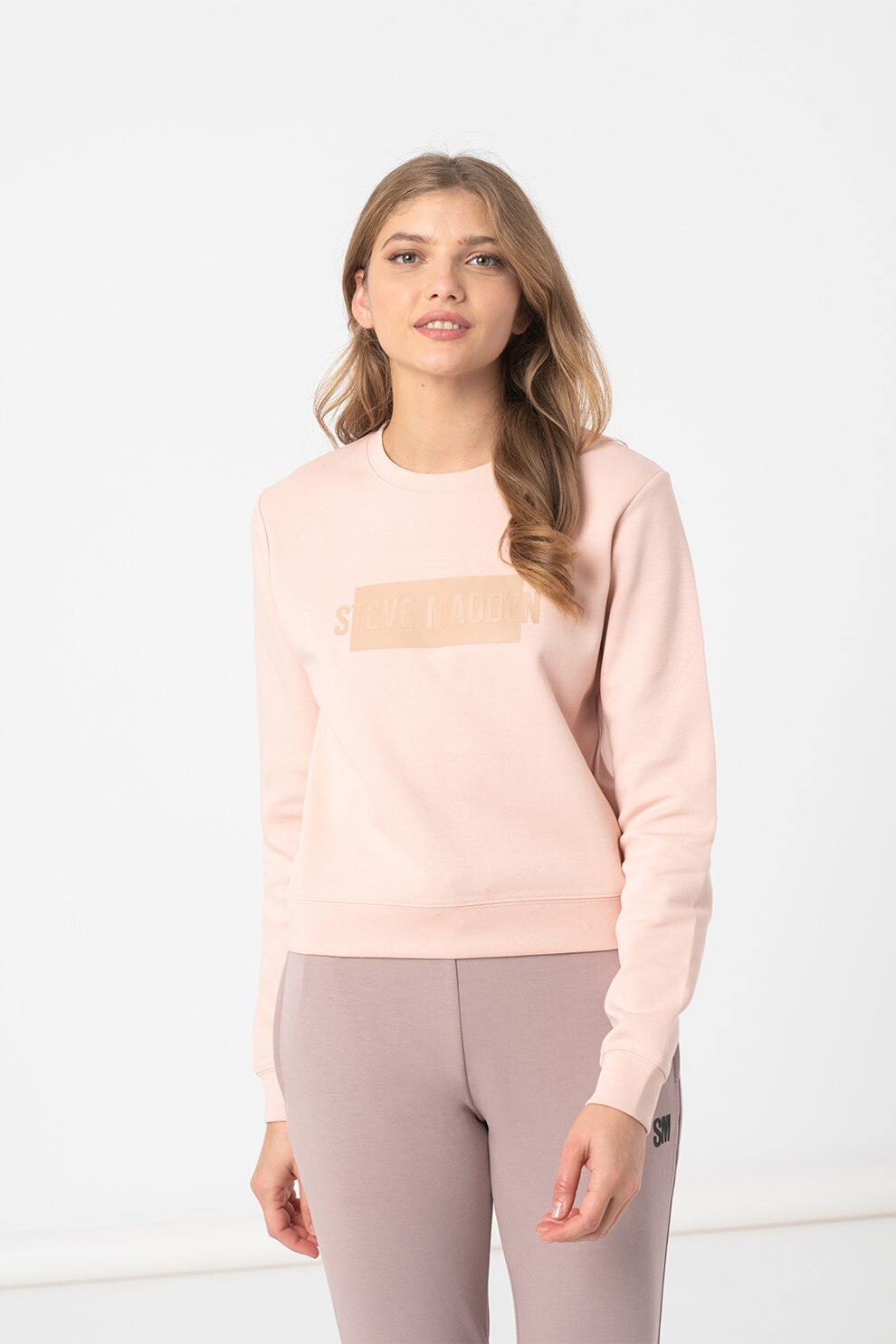 Steve Madden, Bluza sport cu decolteu rotund si logo, Roz pal