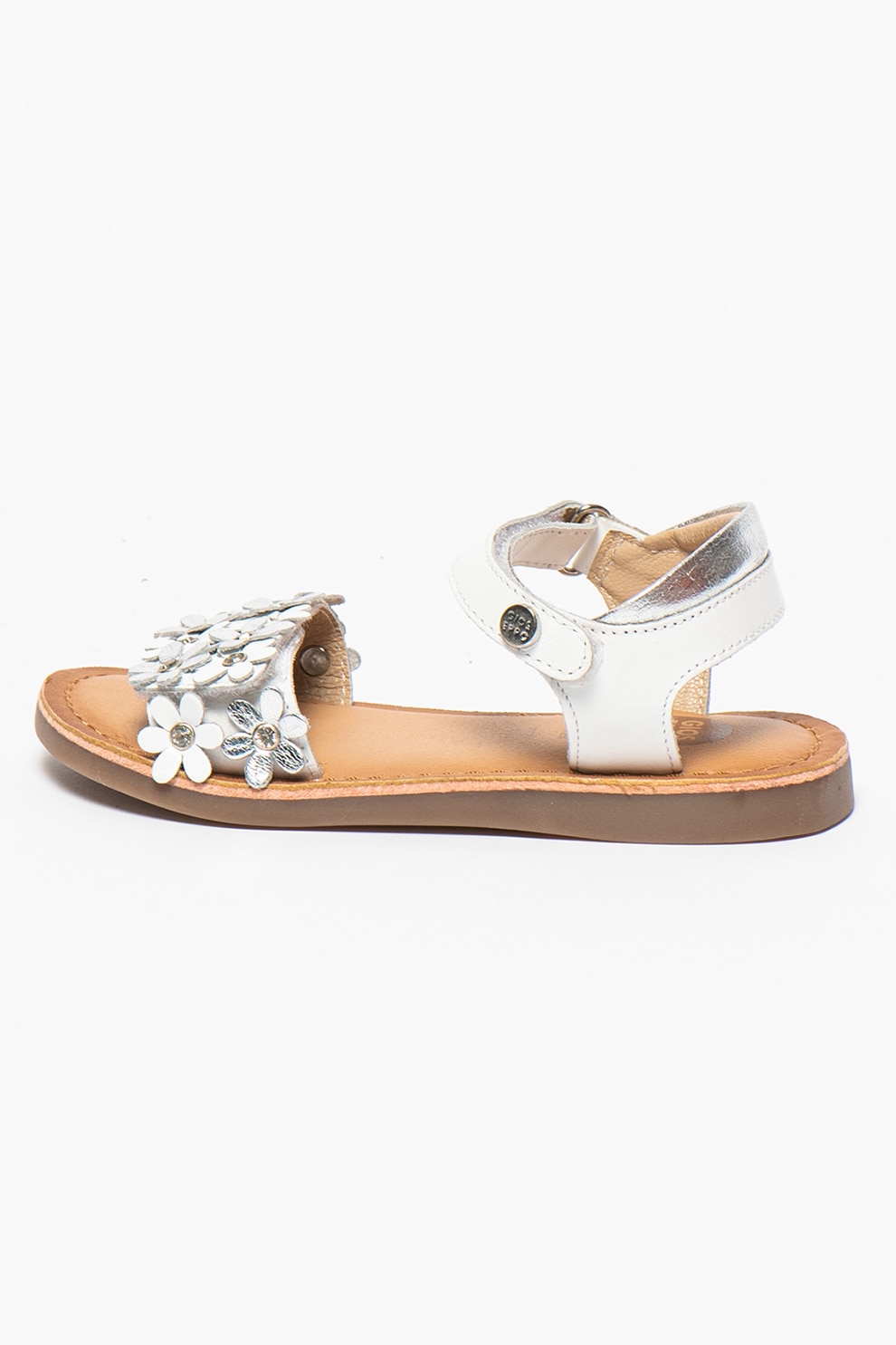 Gioseppo, Sandale de piele cu aplicatii florale Mazara, Alb/Argintiu