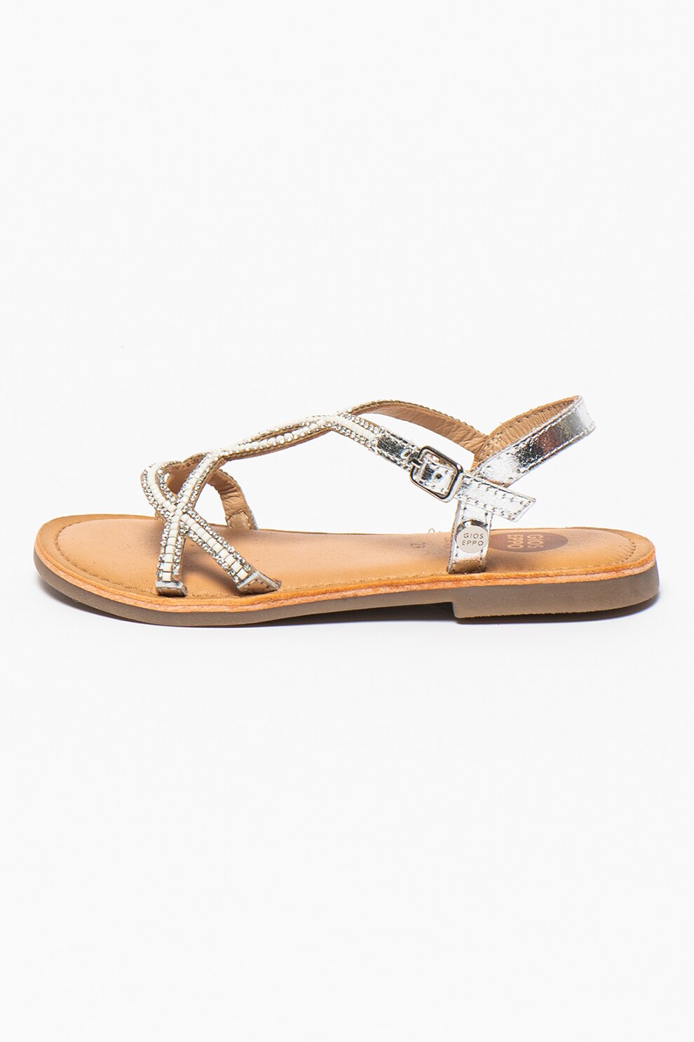 Gioseppo, Sandale de piele cu margele si strasuri Bass, Argintiu/Alb