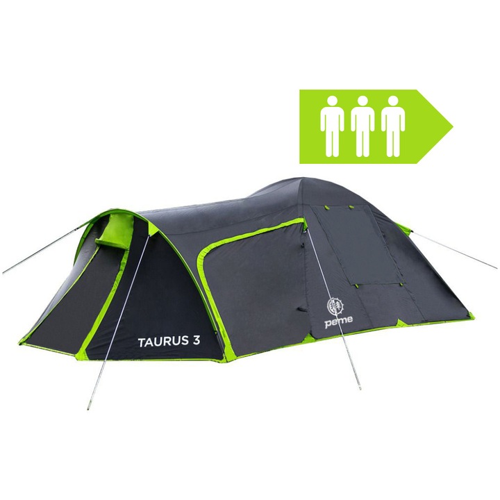 Cort camping Taurus 3, 3 persoane, Impermeabil 4000 mm, Spatios, Usor de transportat (5 kg), Negru/Lime