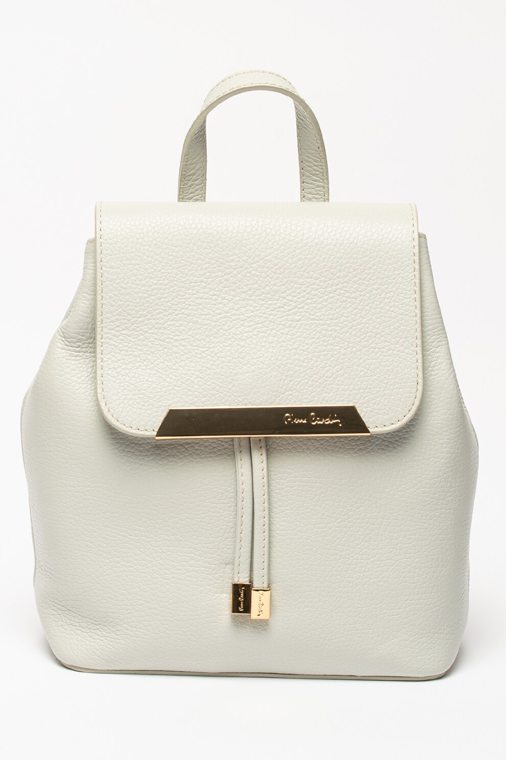 Pierre Cardin, Rucsac de piele cu clapa si logo metalic, Alb prafuit