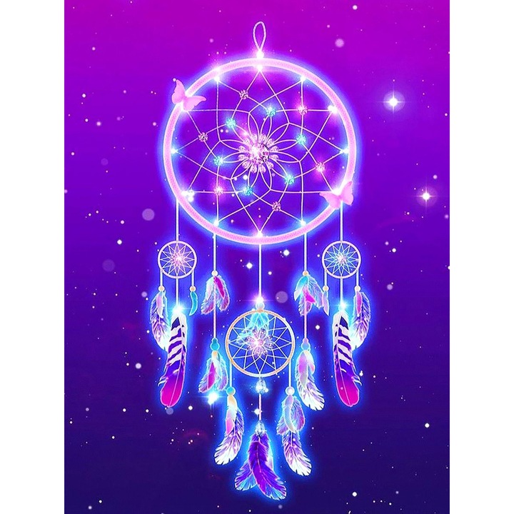 Set de creatie cu diamante 5D, Bimkole, Model dream catcher, 30 x 40 cm, Multicolor