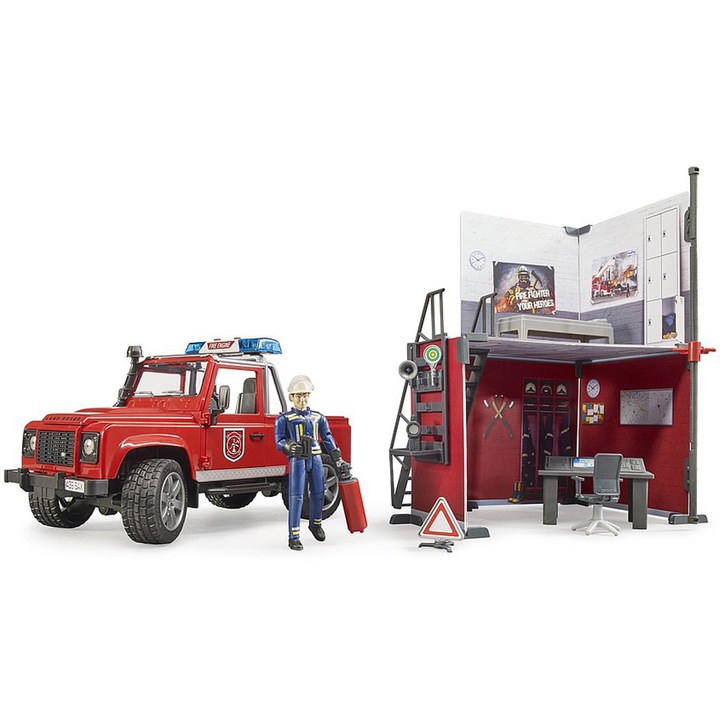 Set de joaca Bruder bworld - Statie de pompieri cu Land Rover Defender si pompier