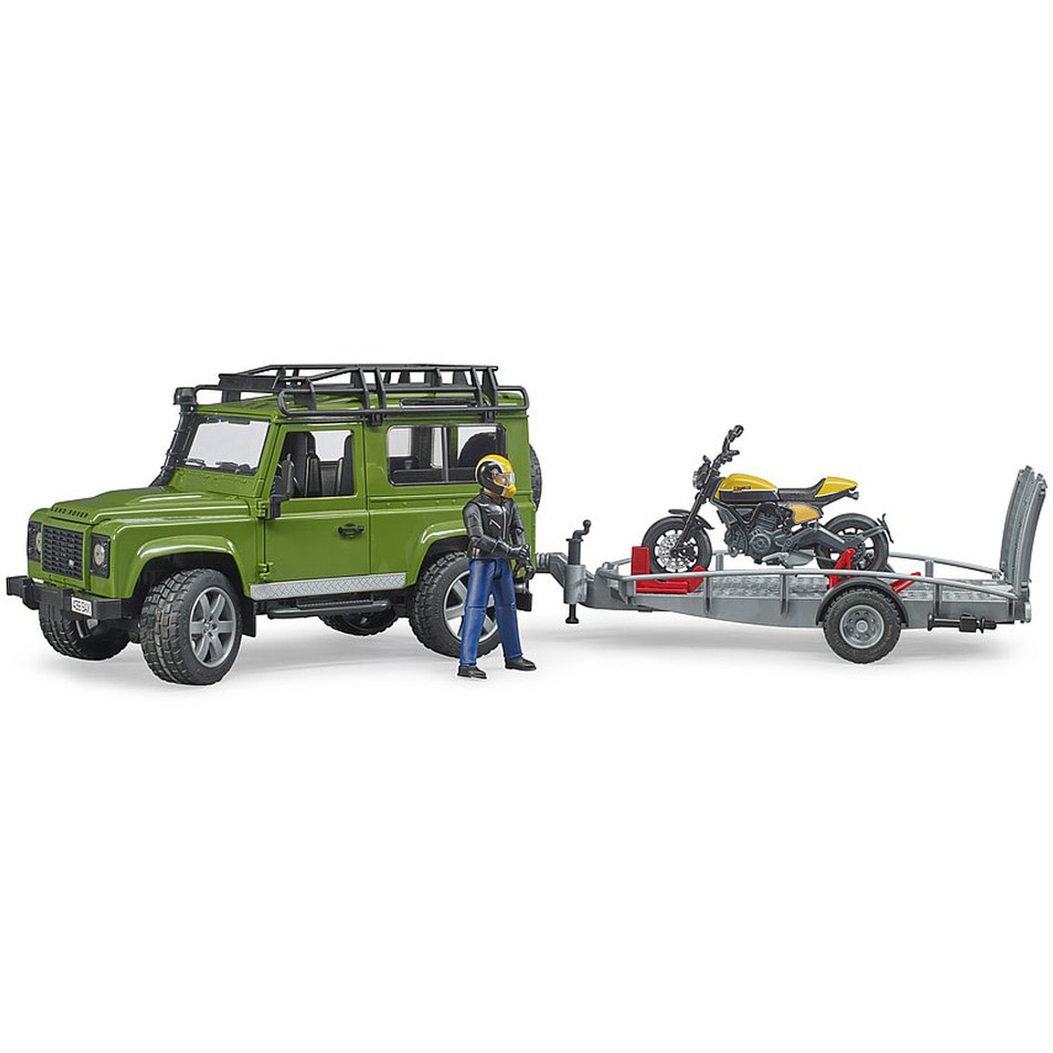 Masina Bruder Leisure Time - Land Rover Defender, cu remorca si motocicleta Ducati