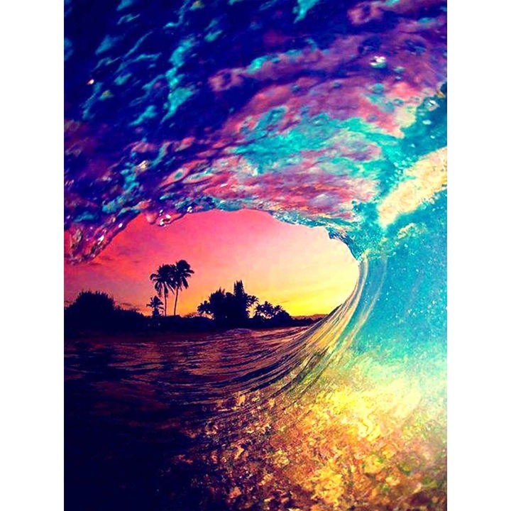 Set de creatie cu diamante 5D, Bimkole, Model apus pe plaja, 30 x 40 cm, Multicolor