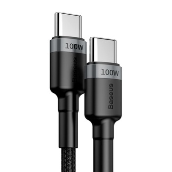 Cablu cu conectori USB tip C tata la USB tip C tata, Baseus Cafule CATKLF-ALG1, 2m, 100W, 5A, negru cu gri Cablu cu conectori USB tip C tata la USB tip C tata, Baseus Cafule CATKLF-ALG1, 2m, 100W, 5A, negru cu gri