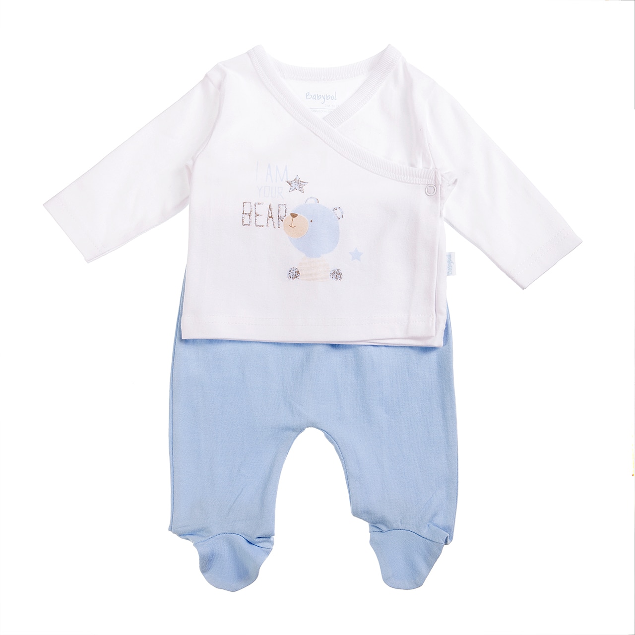 Set nou nascut Babybol, pantaloni cu botosei si tricou, imprimeu ursulet, alb/bleu, 1 luna ,56 cm