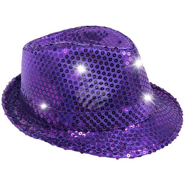 Palarie Trilby Lila cu paiete si LED, ProCart, pentru petreceri, 7 leduri