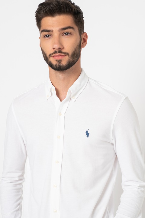 Polo Ralph Lauren, Camasa cu maneci lungi si logo brodat, Alb/Albastru inchis