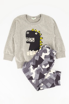 United Colors of Benetton Underwear, Pijama lunga cu imprimeu, Gri melange United Colors of Benetton Underwear, Pijama lunga cu imprimeu, Gri melange