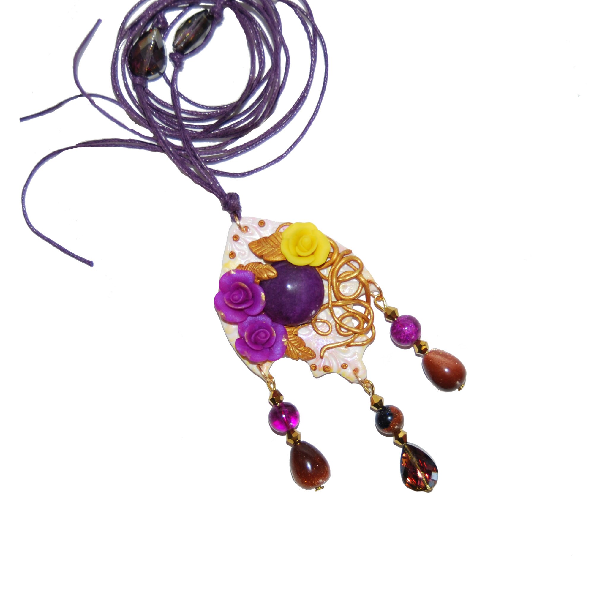 Pandantiv statement cu trandafiri violet, argila polimerica, handmade, CatE