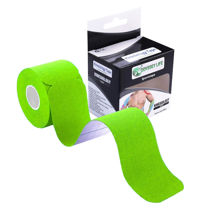 Banda Kinesiologica, Kinesio Tape - ODYSSEY LIFE, pretaiata, impermeabila pentru ameliorarea durerii, rola cu 20 benzi de 25 cm lungime, culoare Verde fluorescent