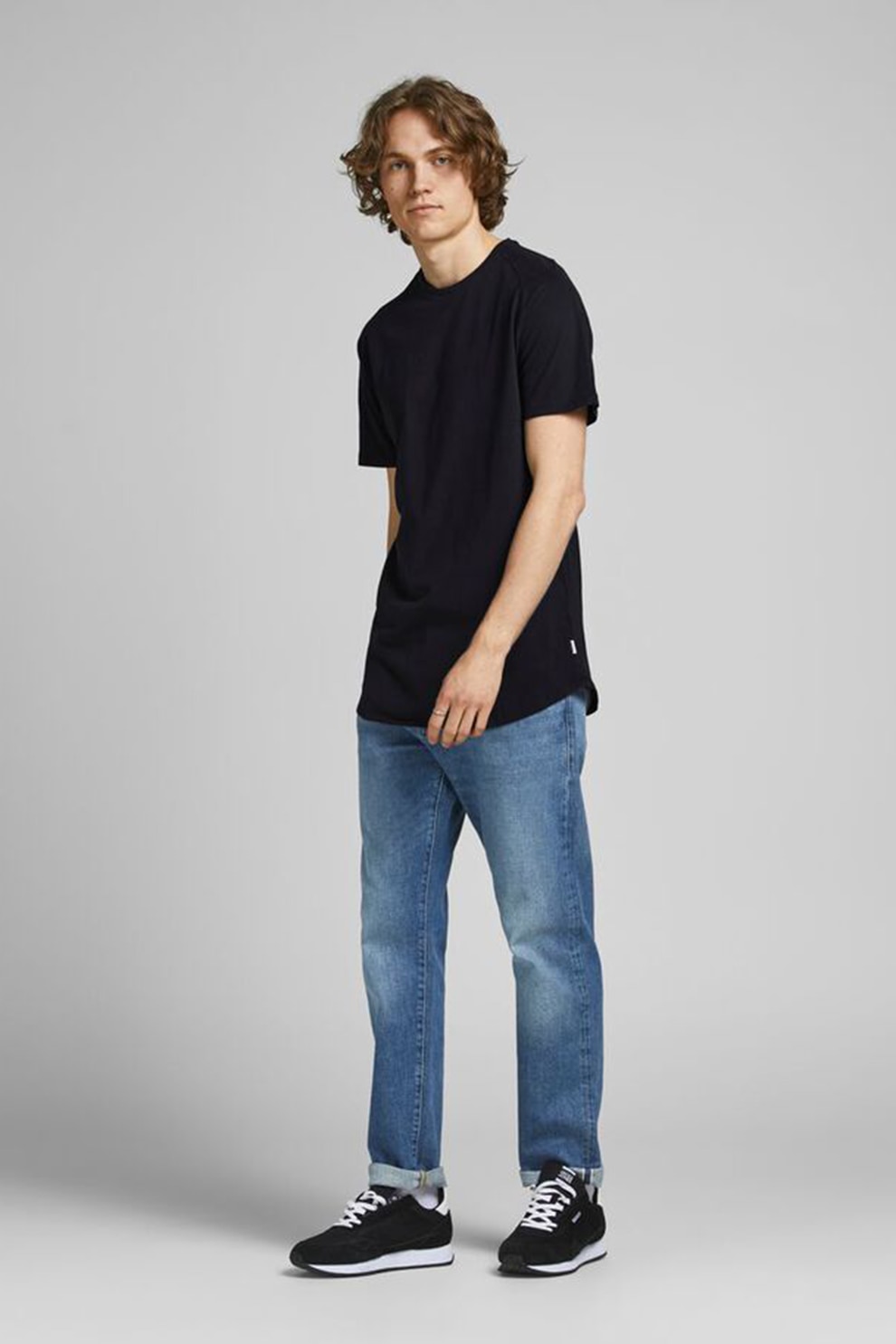 Jack&Jones, Tricou de bumbac organic cu terminatie rotunjita, Negru