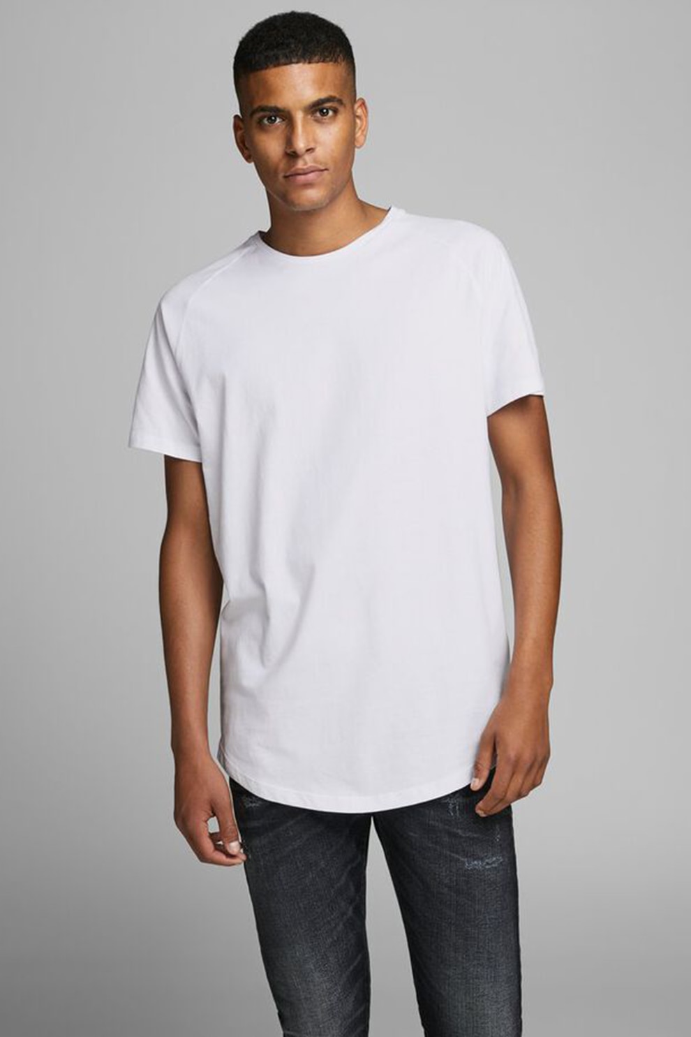 Jack&Jones, Tricou de bumbac organic cu terminatie rotunjita, Alb