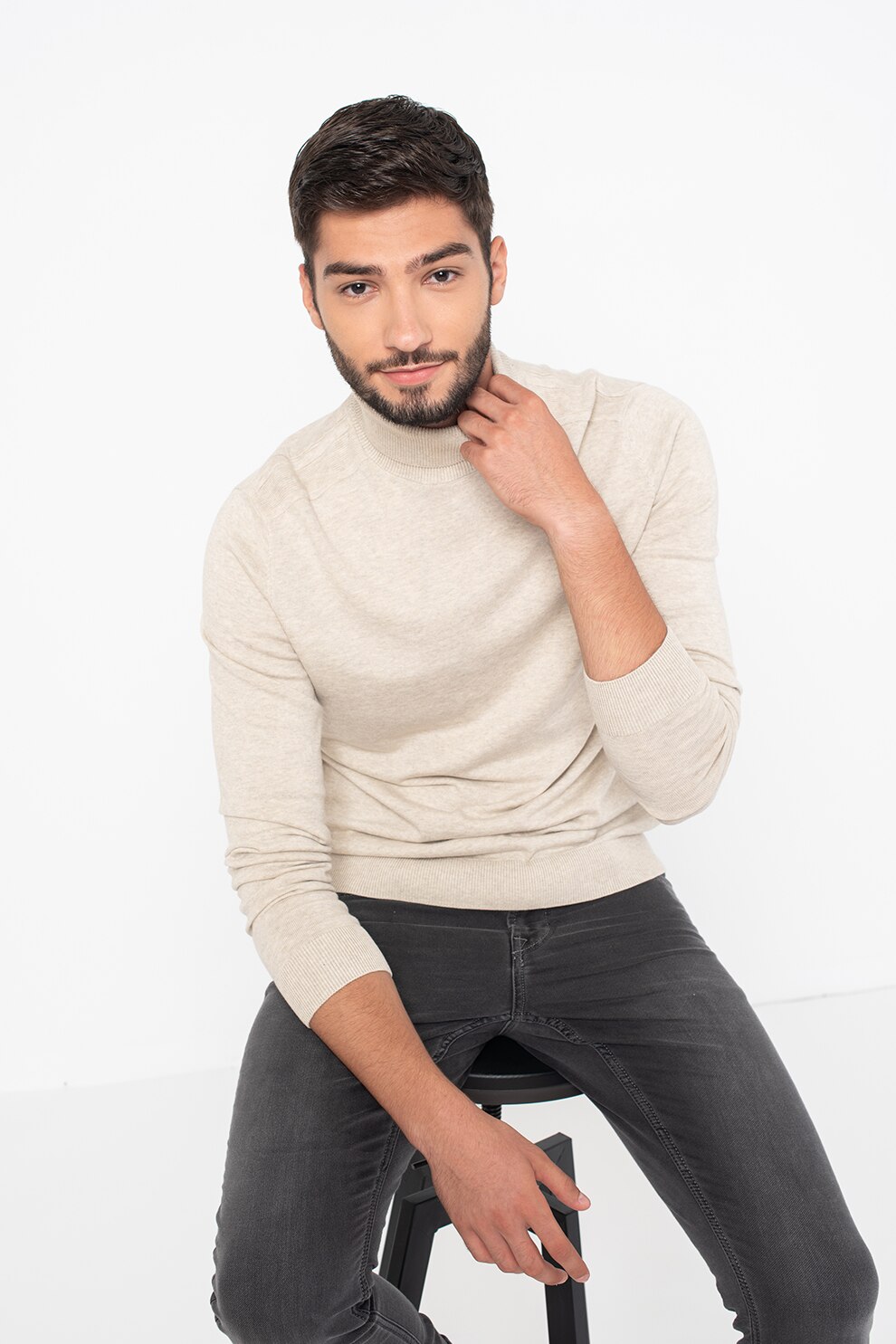 Selected Homme, Bluza tricotata fin cu guler inalt Berg, Maro melange deschis, M