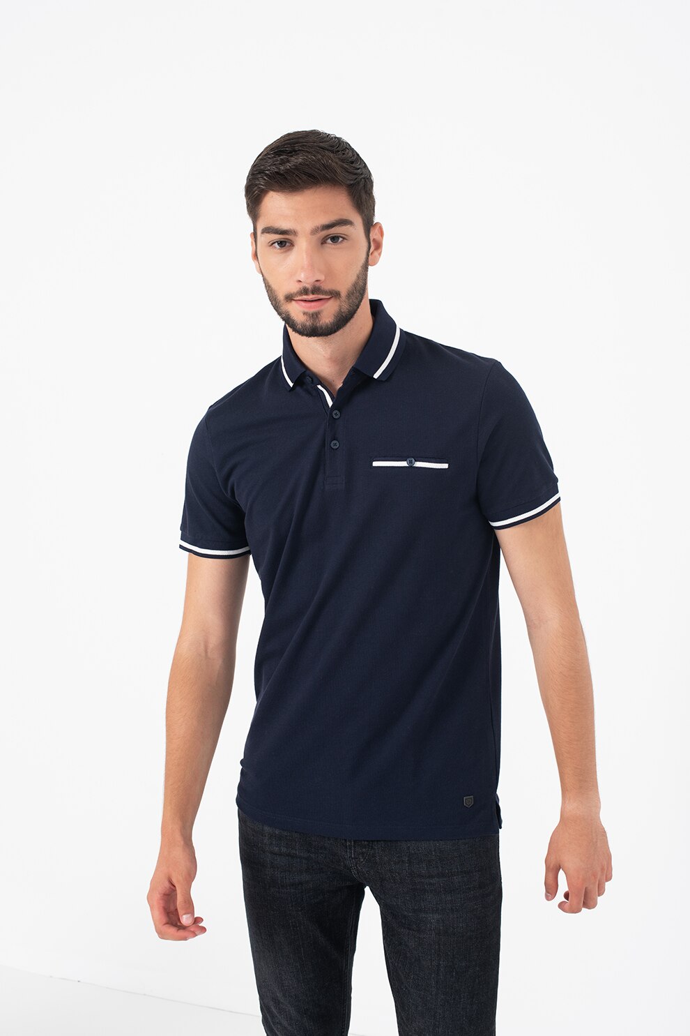 Jack&Jones, Tricou polo de bumbac si material pique Blapin, Bleumarin/Alb
