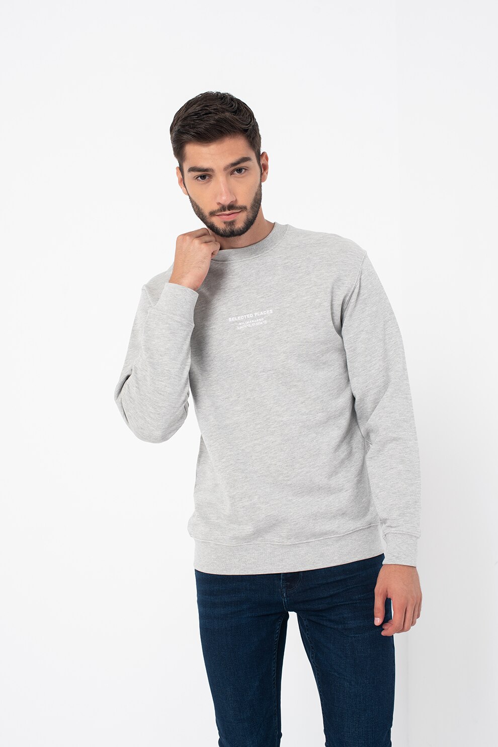 Selected Homme, Bluza sport de bumbac organic cu decolteu la baza gatului Beckster, Gri melange
