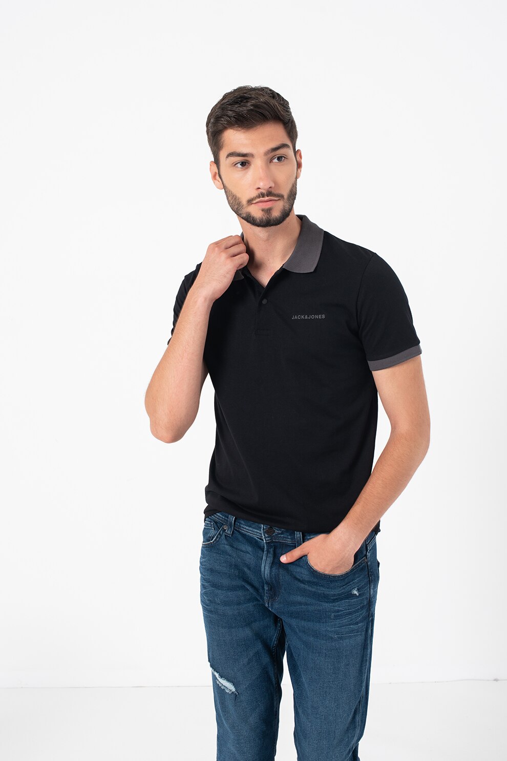 Jack&Jones, Tricou polo cu logo Marco, Negru/Gri inchis, S