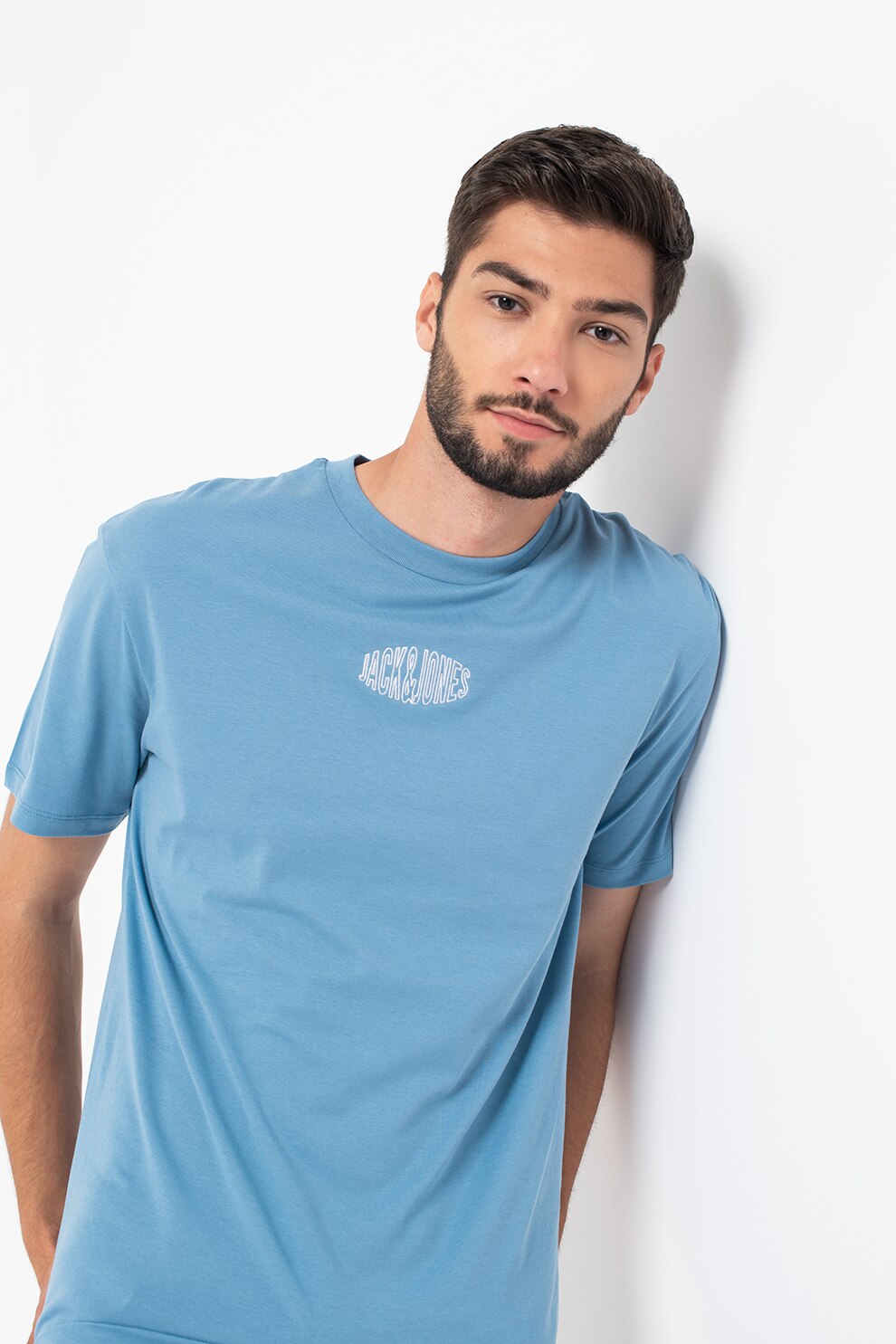 Jack&Jones, Tricou cu decolteu la baza gatului si logo brodat Wolds, Turcoaz