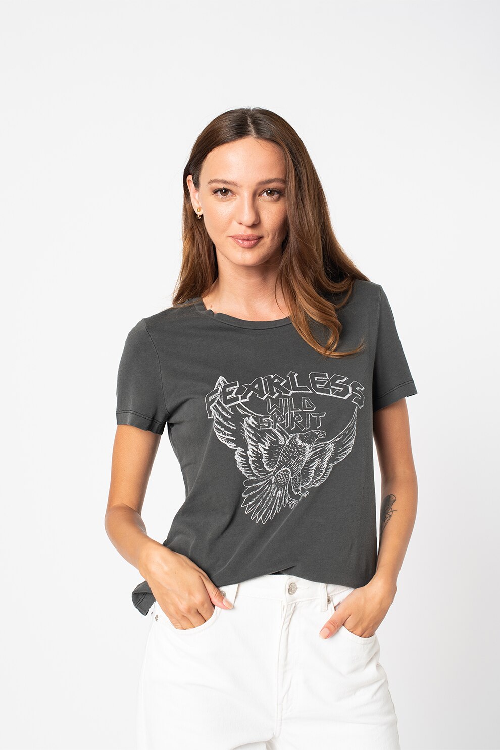 Vero Moda,Tricou de bumbac organic cu imprimeu Alba Francis, Gri antracit