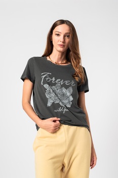 Vero Moda,Tricou de bumbac organic cu imprimeu Alba Francis, Negru/Gri