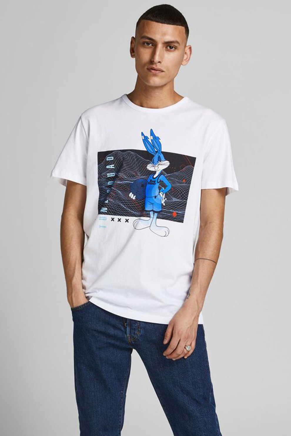 Jack&Jones, Tricou regular fit cu imprimeu Space Jam, Alb/Albastru