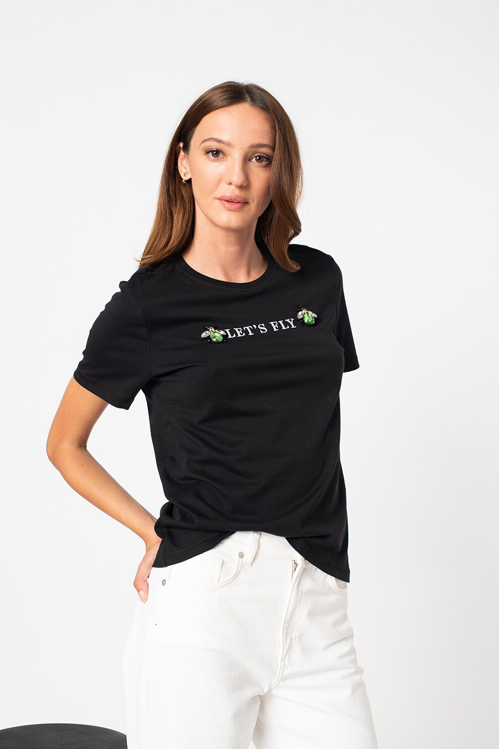 Only, Tricou cu text brodat si aplicatii Kita, Negru/Alb