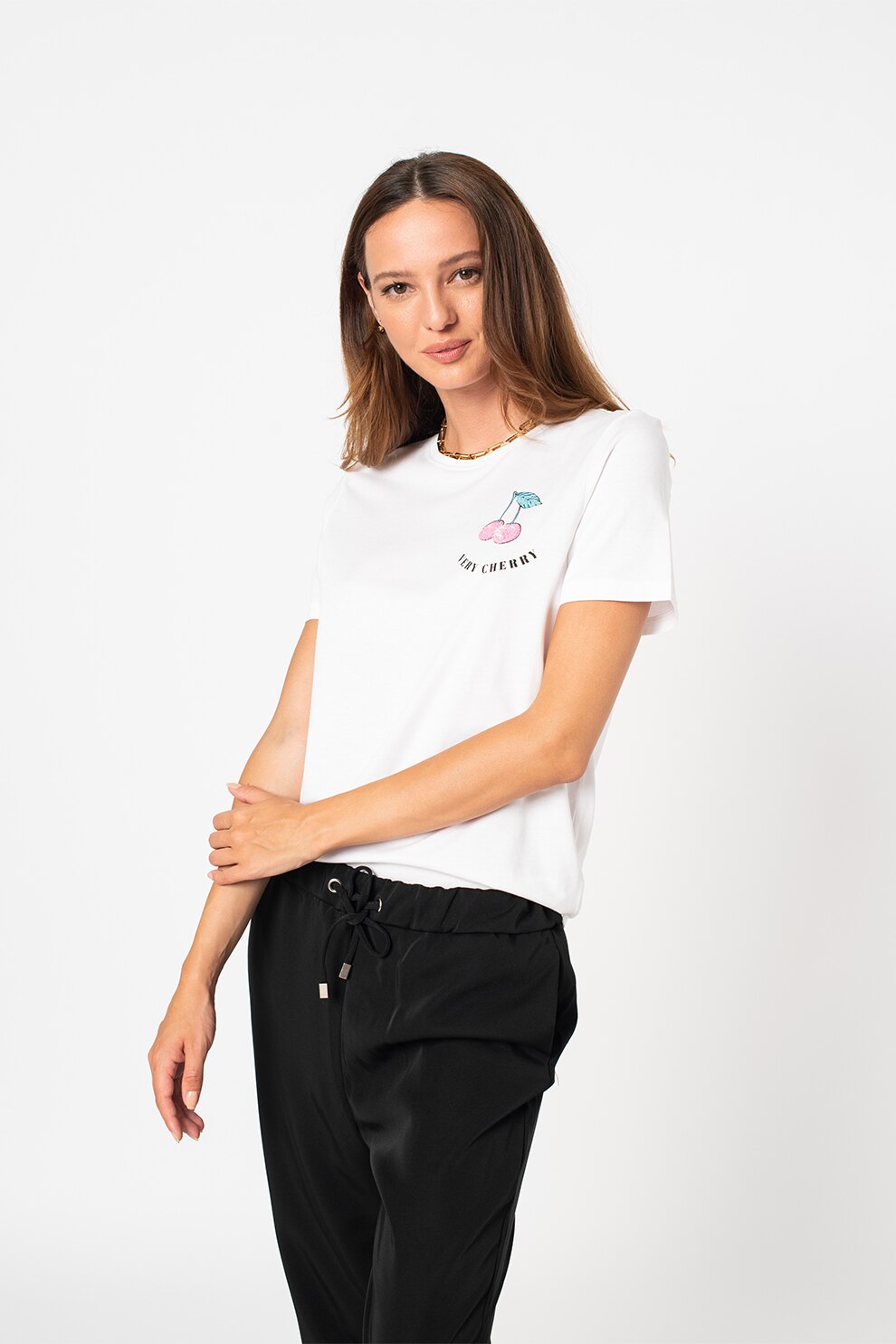 Only, Tricou cu imprimeu pe piept si paiete Kita, Alb/Roz/Negru