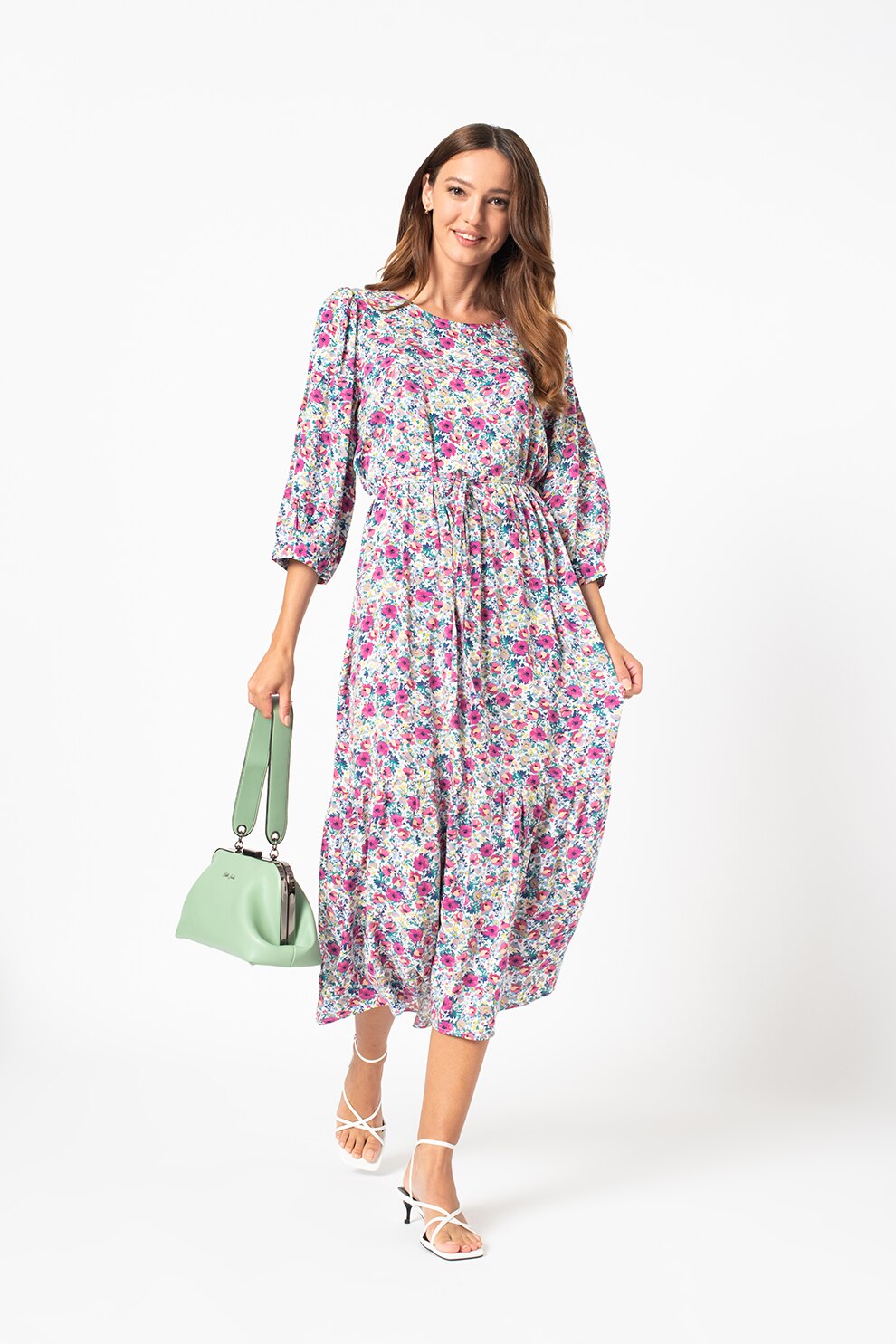 Only, Rochie midi evazata cu imprimeu floral si maneci 3/4 Nova, Multicolora, S