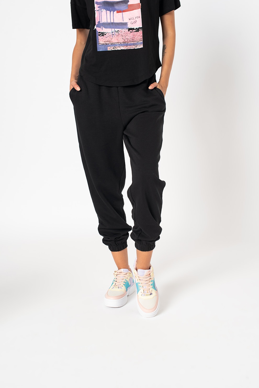 Only, Pantaloni sport din amestec de bumbac organic cu buzunare laterale Feel, Negru