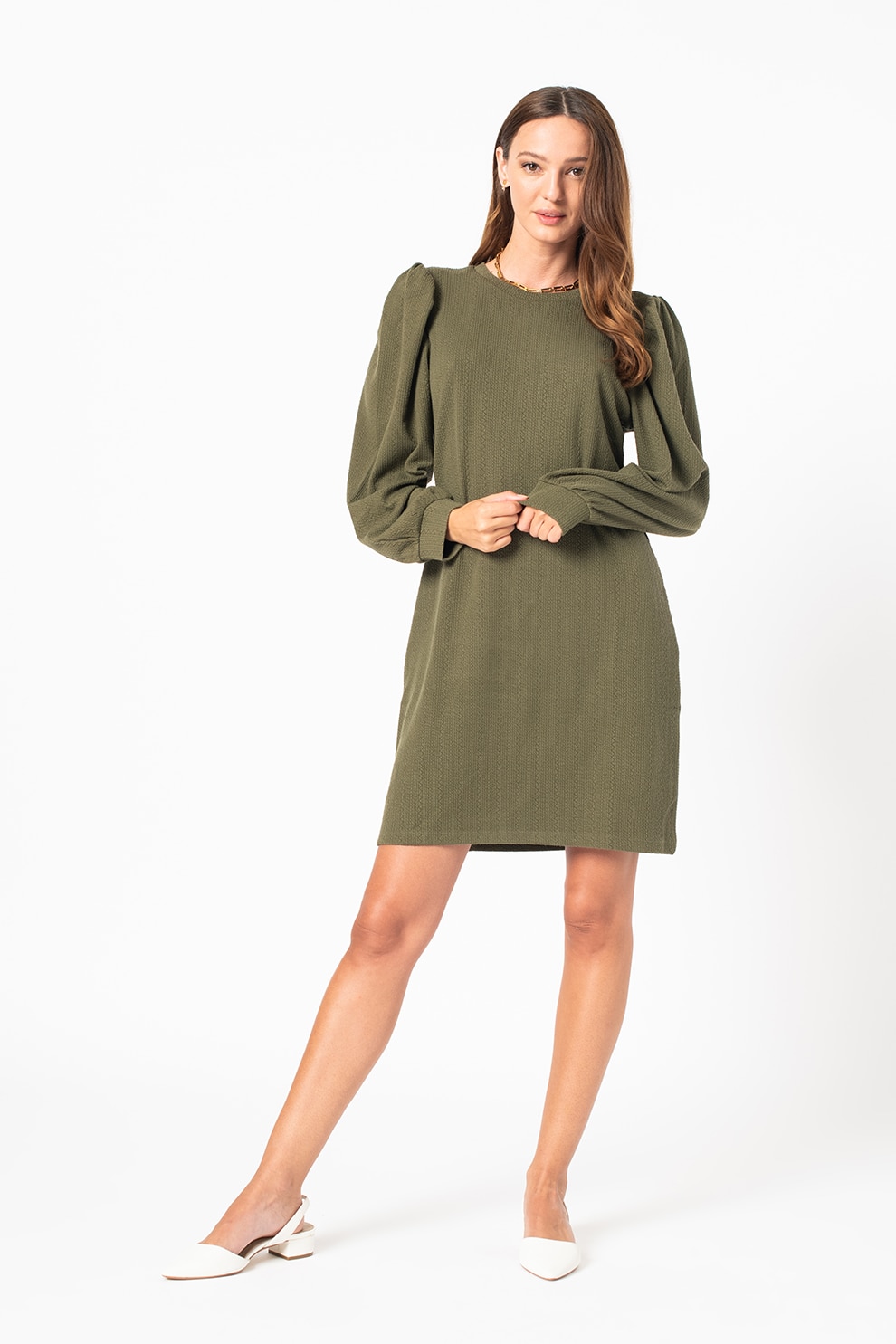 JdY, Rochie mini dreapta cu maneci bufante Anny, Verde militar