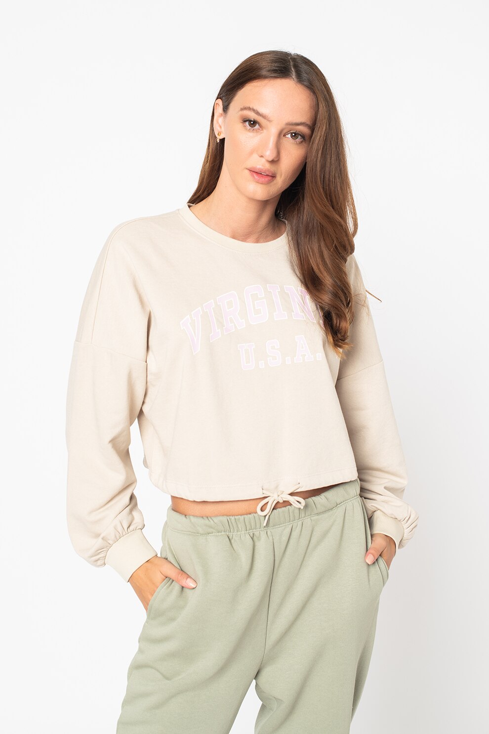 Only, Bluza sport crop cu imprimeu Lessa, kaki, roz, alb