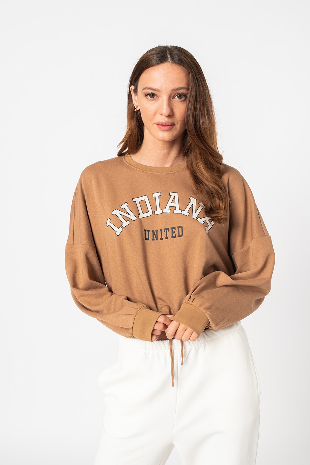 Only, Bluza sport crop cu imprimeu Lessa, Maro caramel/gri