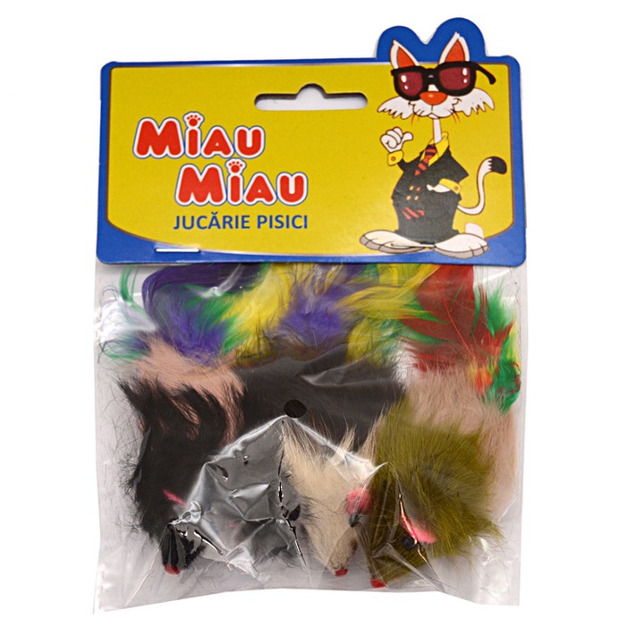 Jucarie pentru pisici, Miau Miau, Soricel cu pene, 3 bucati