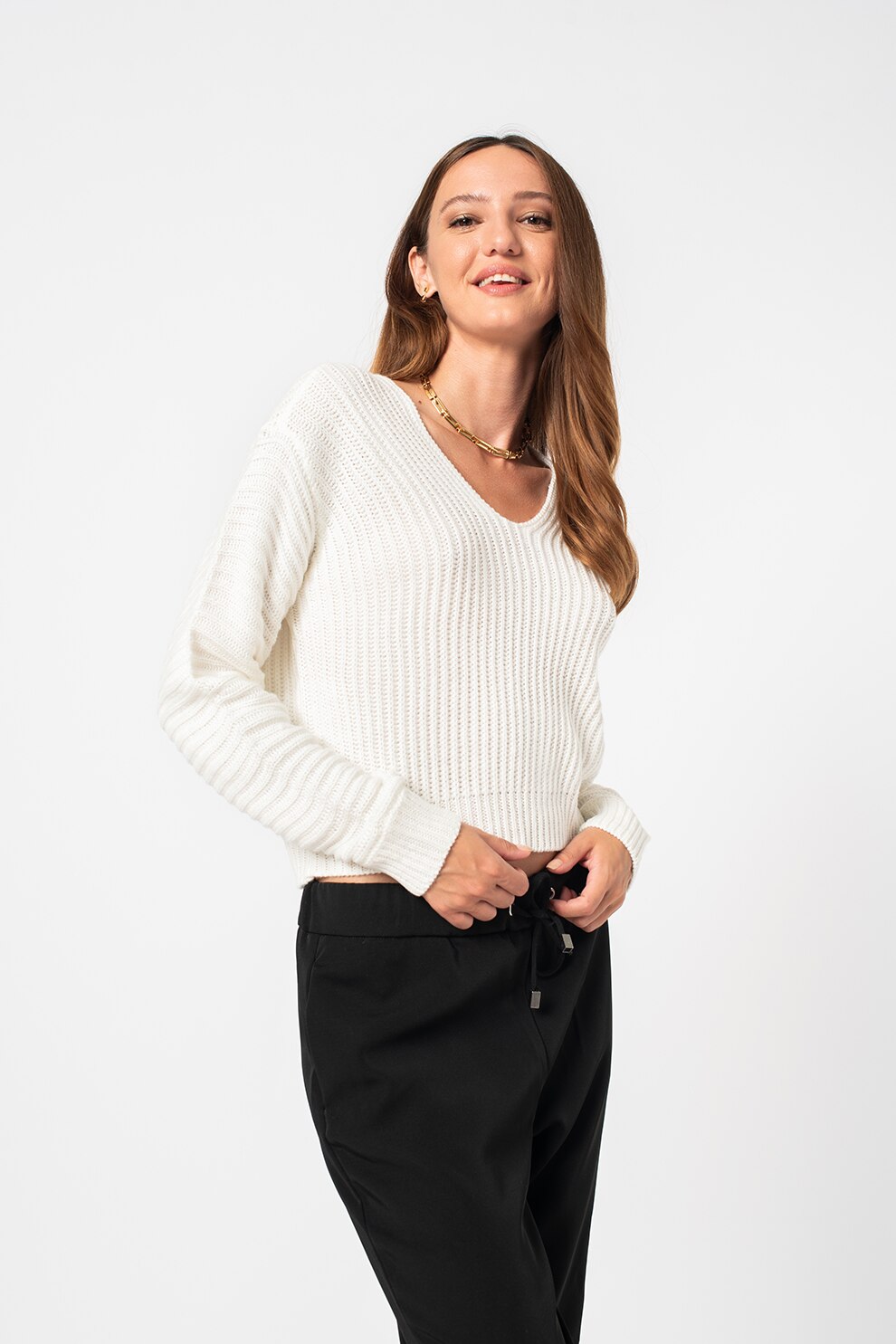 JdY, Pulover cu decolteu in V si aspect striat Justy, Alb