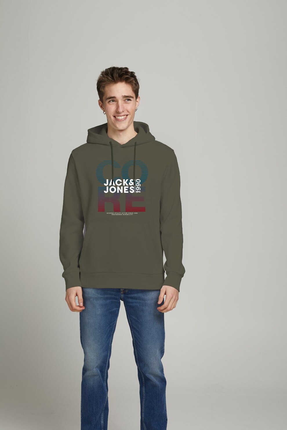 Jack&Jones, Hanorac regular fit cu imprimeu logo Fade, Verde forest