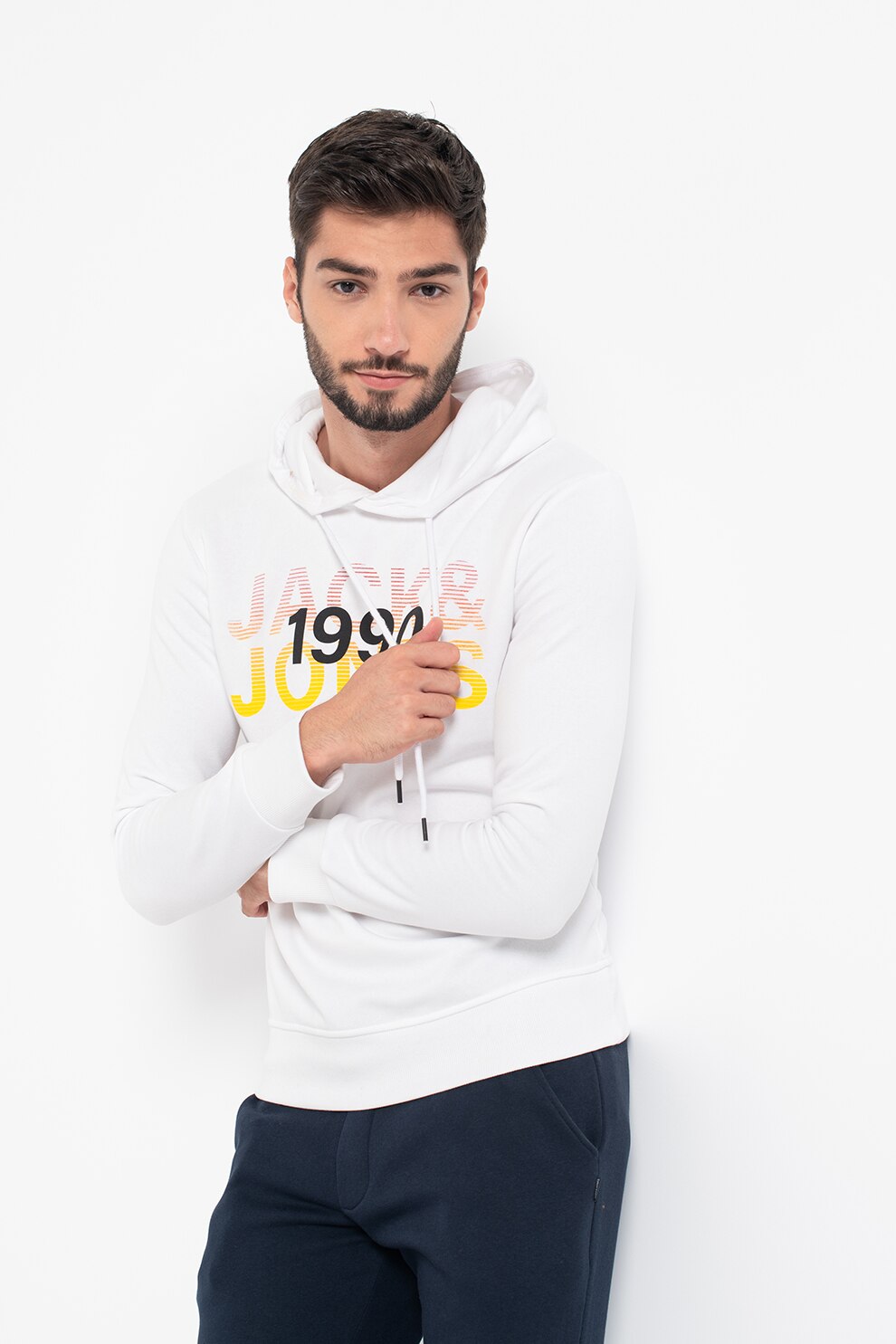 Jack&Jones, Hanorac regular fit cu imprimeu logo Fade, Alb/Galben/Negru