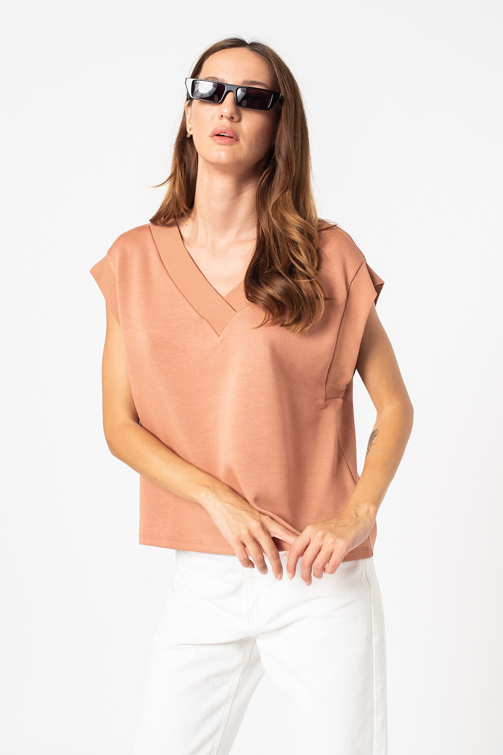 Vero Moda, Tricou cu decolteu in V Silky, Oranj persan