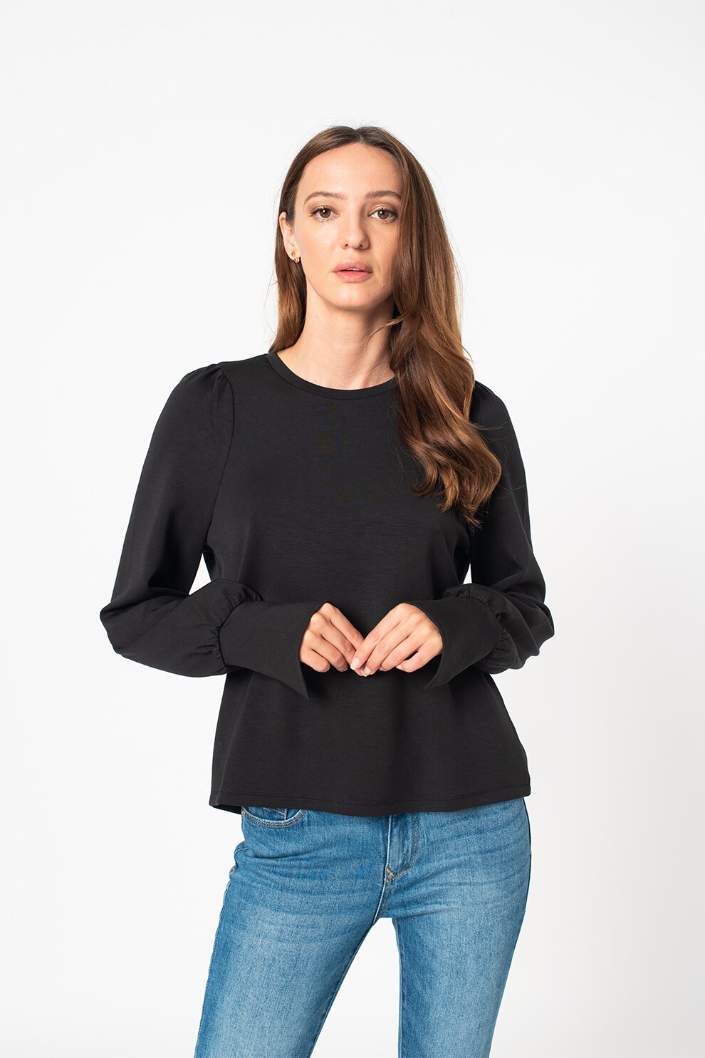 Vero Moda, Bluza cu maneci cu mansete Silky, Negru