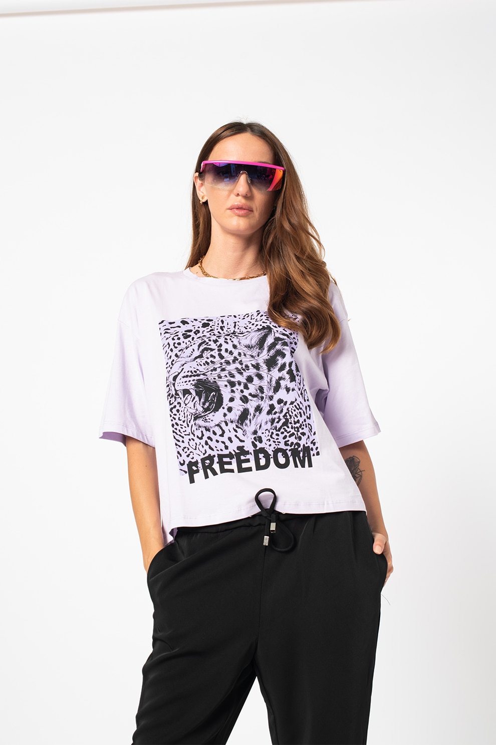Vero Moda, Tricou de bumbac organic cu imprimeu Joanna Kelly, Lila/Negru