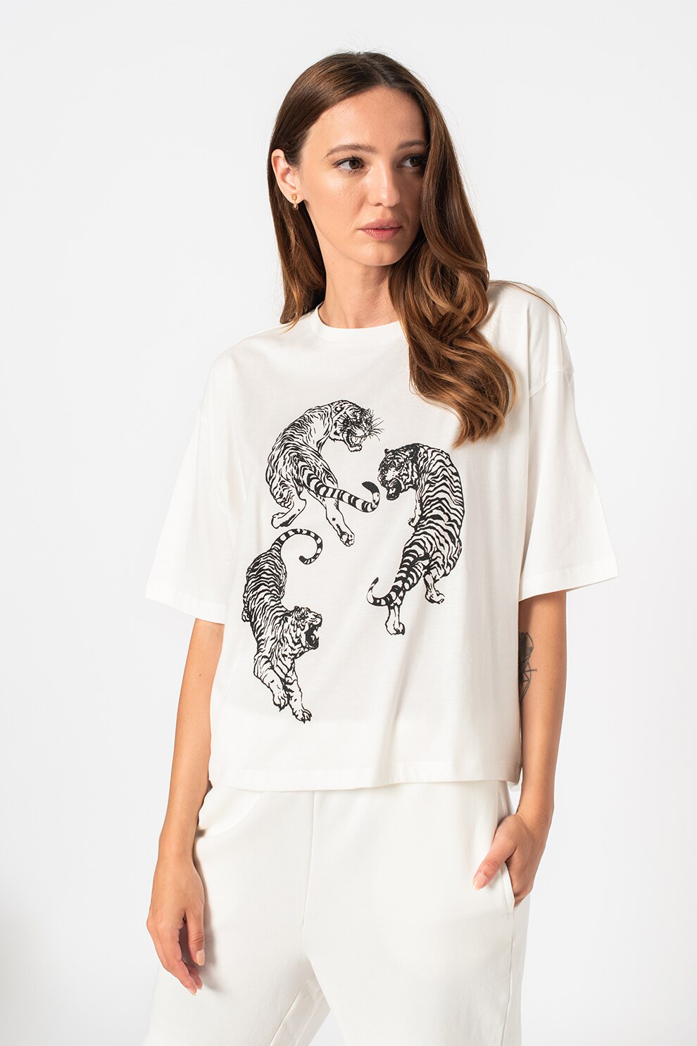 Vero Moda, Tricou de bumbac organic cu imprimeu Joanna Kelly, Alb/Negru