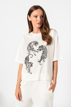 Vero Moda, Tricou de bumbac organic cu imprimeu Joanna Kelly, Alb/Negru Vero Moda, Tricou de bumbac organic cu imprimeu Joanna Kelly, Alb/Negru