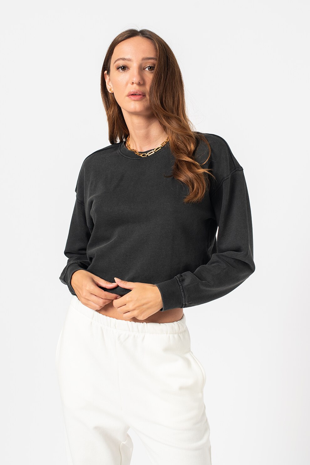 Only, Bluza sport crop de bumbac organic Lucinda, Negru stins