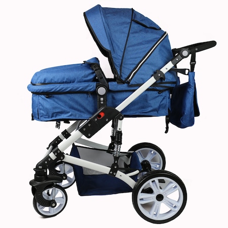 Carucior 2in1 Transformabil, Suspensii, , Landou reversibil si Sport, Cadru Alb Metalic, Pliabil, Maner reversibil, Albastru, 63 x 114 x 107 - 0 cm