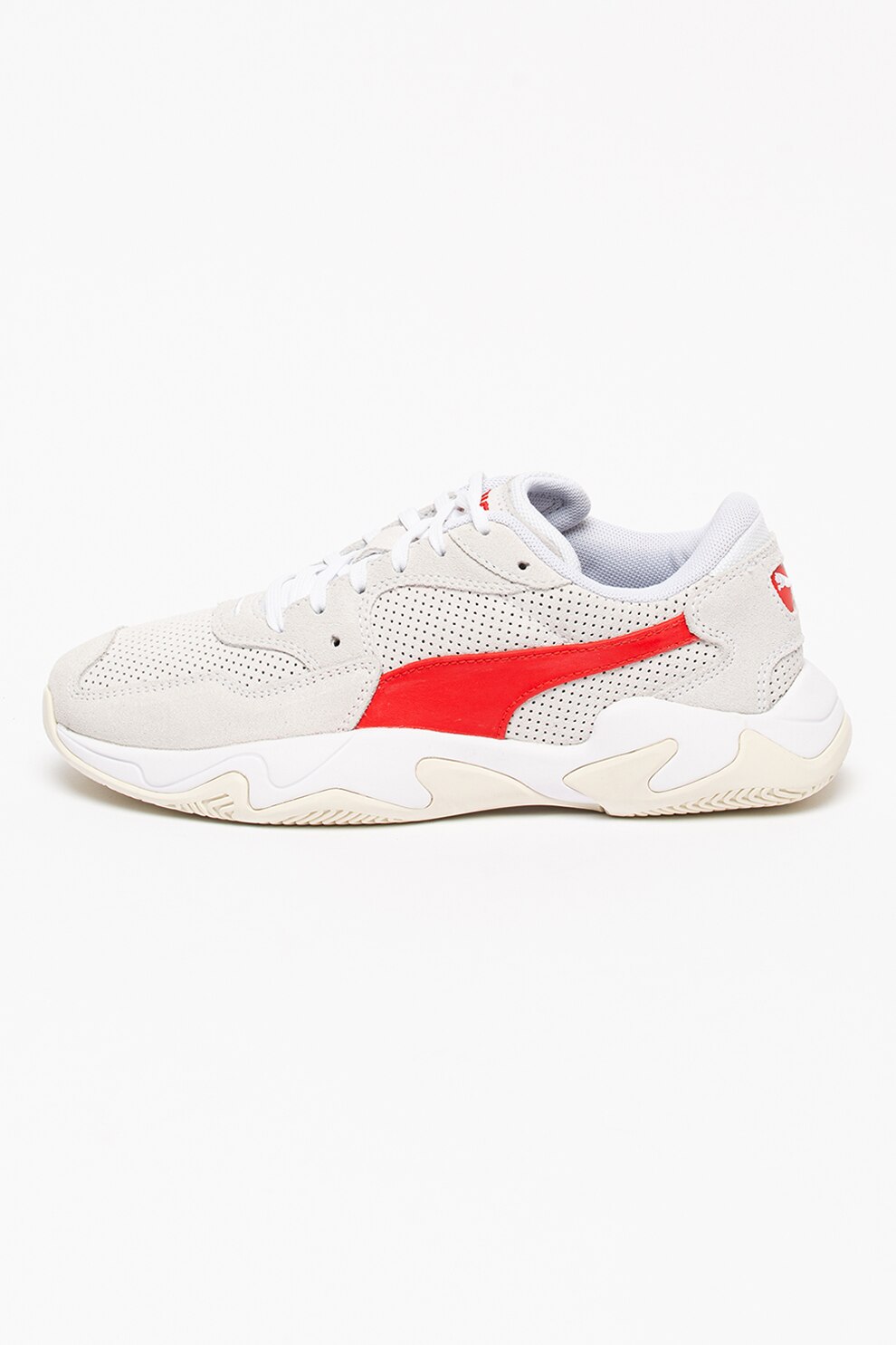 Puma, Pantofi sport cu design perforat de piele intoarsa Strom Street, Gri deschis/Rosu